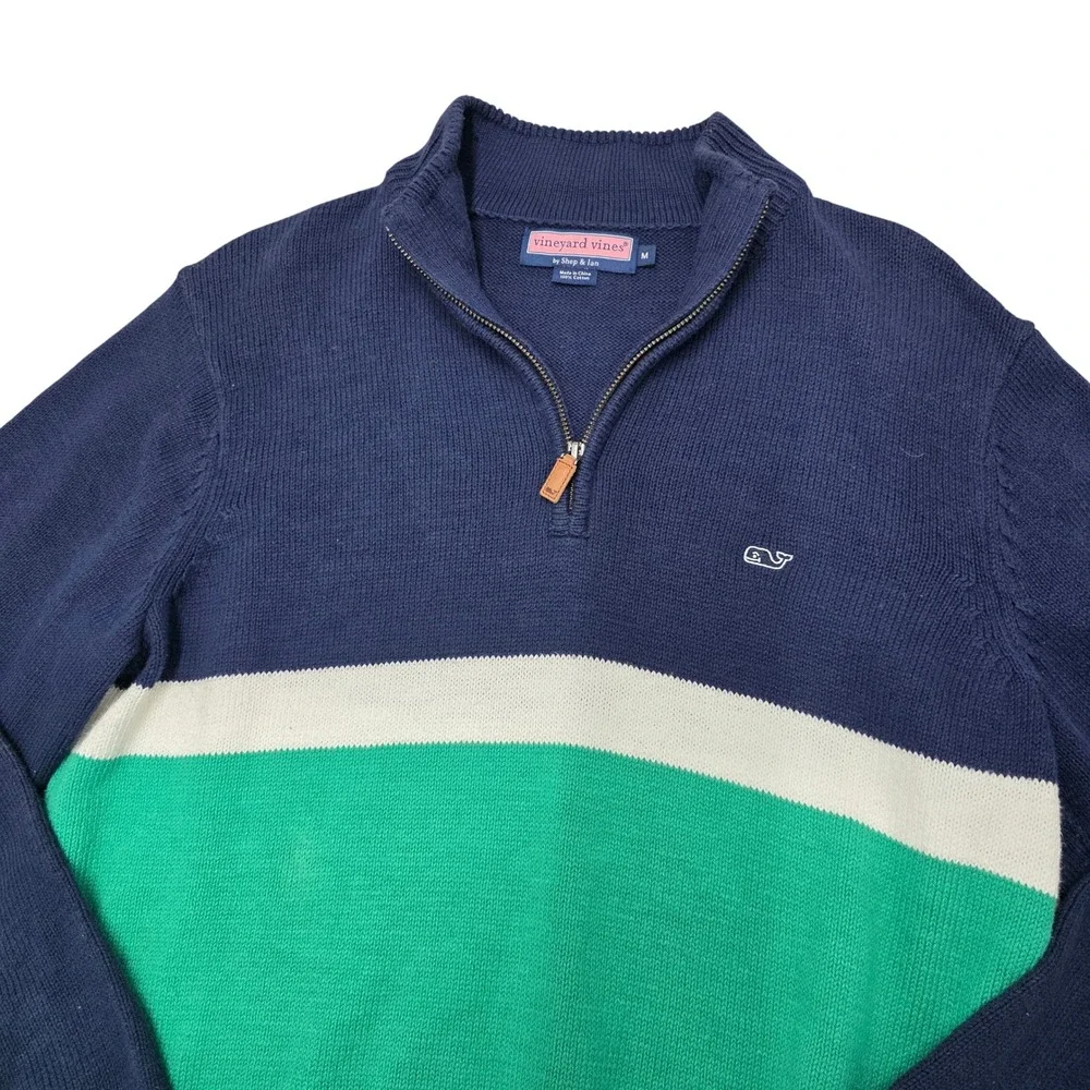 Vineyard Vines Men's Quarter Zip Sweater Navy Green White Stripe Size‎ M Cotton